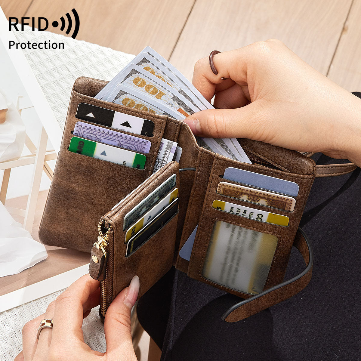 RFID Women's Wallet Soft Leather Solid Color 70 Off Short Style - Image 4